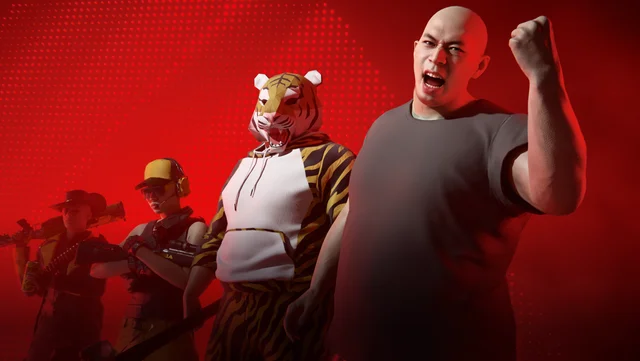 Four contestants, including a tiger-costumed fighter and a Heavy raising his fist, in official Solo Showdown artwork